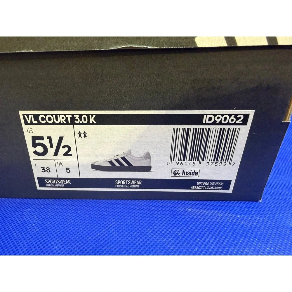 Adidas VL Court 3.0 K White Black Gum Sole Sneakers‎ ID9062 US 5.5 NIB
